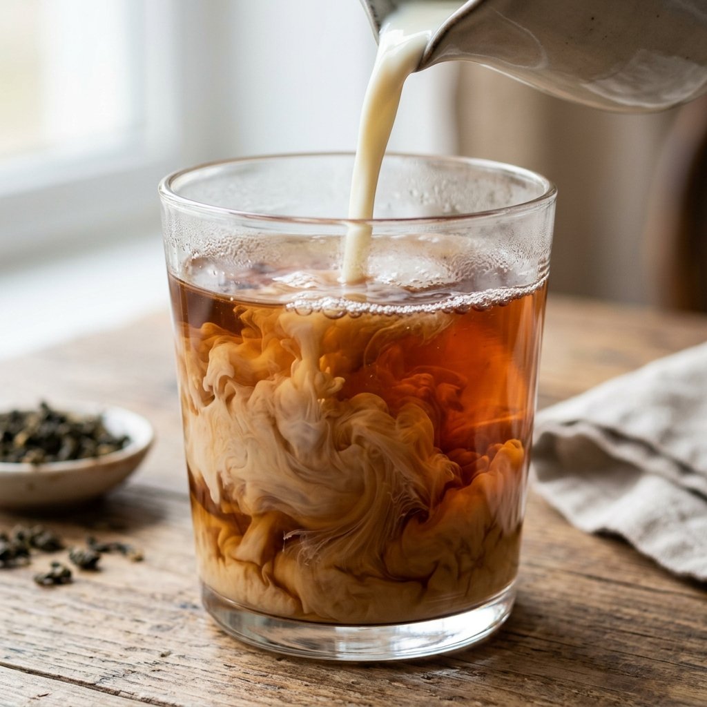 Milk poured into oolong tea