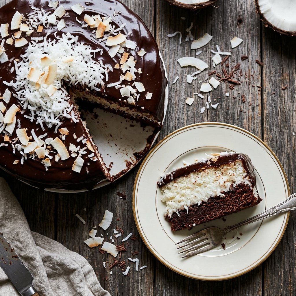 Mounds bar cake on a table ready to serve