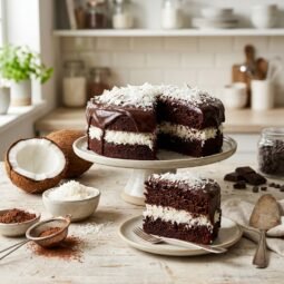 Mounds bar cake with chocolate ganache and coconut topping
