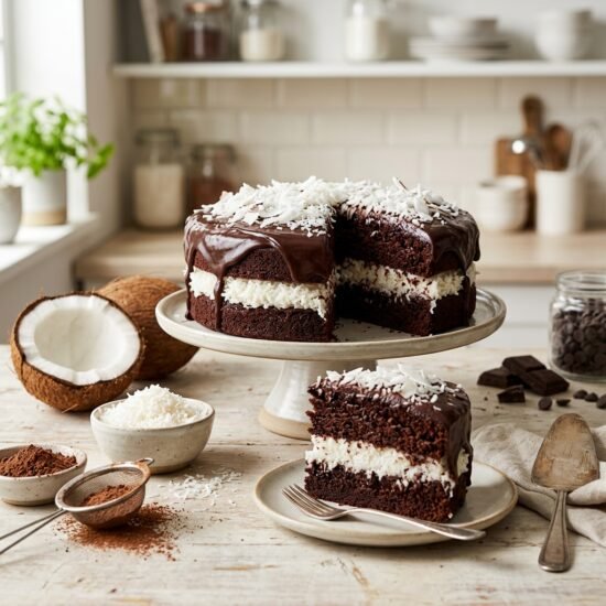 Mounds bar cake with chocolate ganache and coconut topping