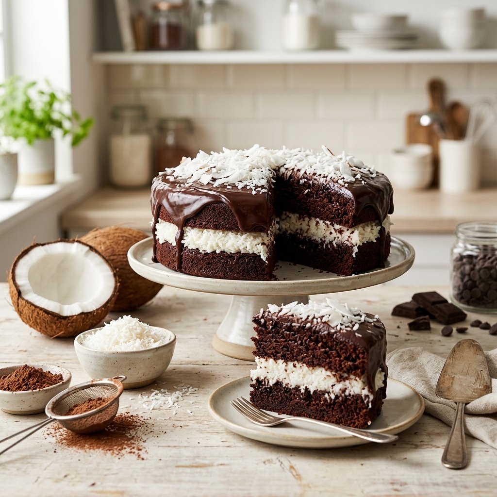 Mounds bar cake with chocolate ganache and coconut topping