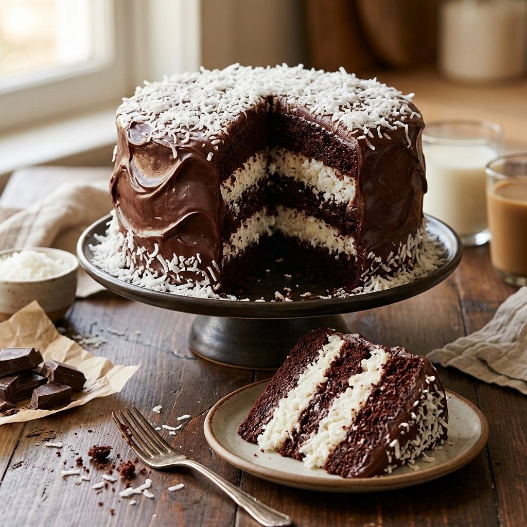 Mounds bar cake recipe with coconut filling layer