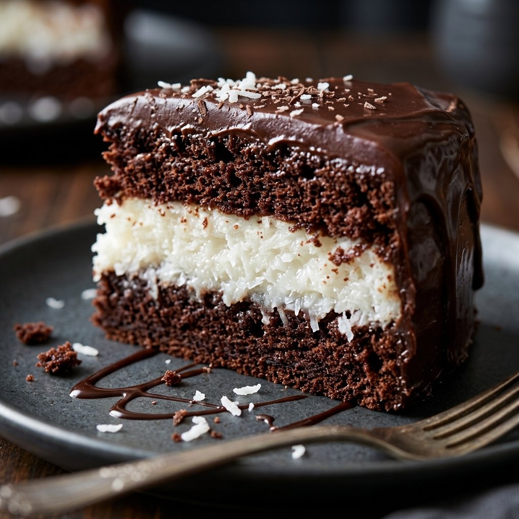 Slice of Mounds bar cake on a plate