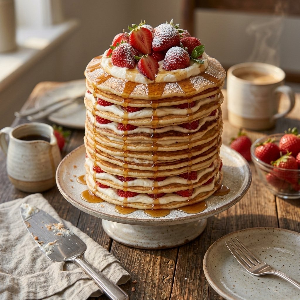 Pancake cake topped with fresh strawberries