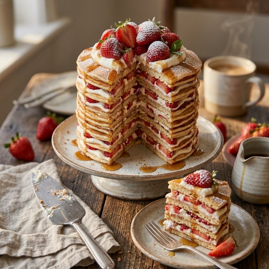 Close-up of a pancake cake with strawberries and cream
