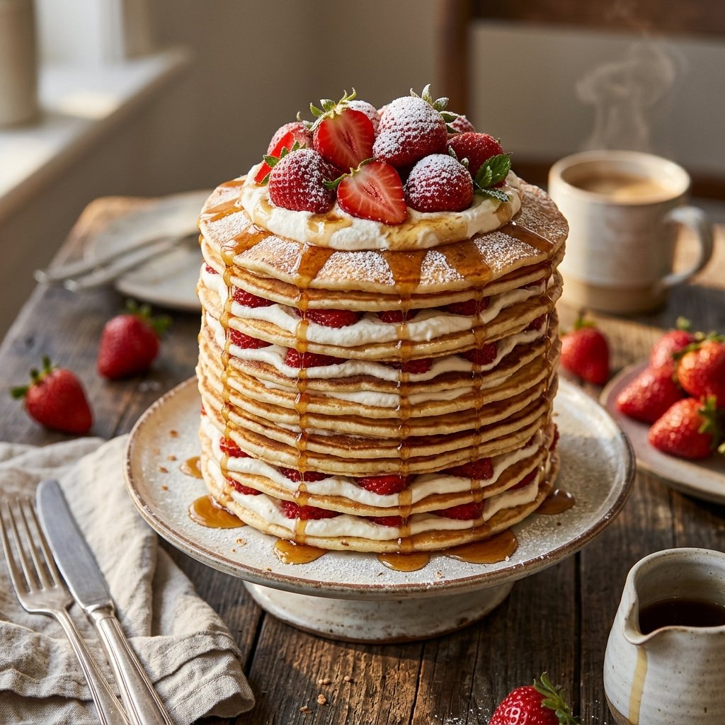 Pancakes layered with strawberries and cream