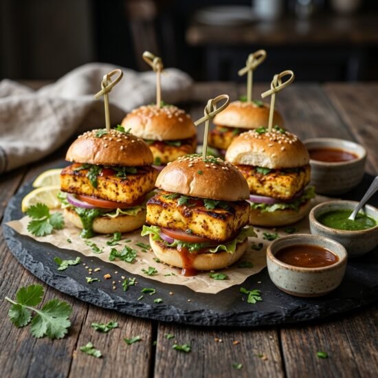 Paneer sliders garnished with fresh cilantro