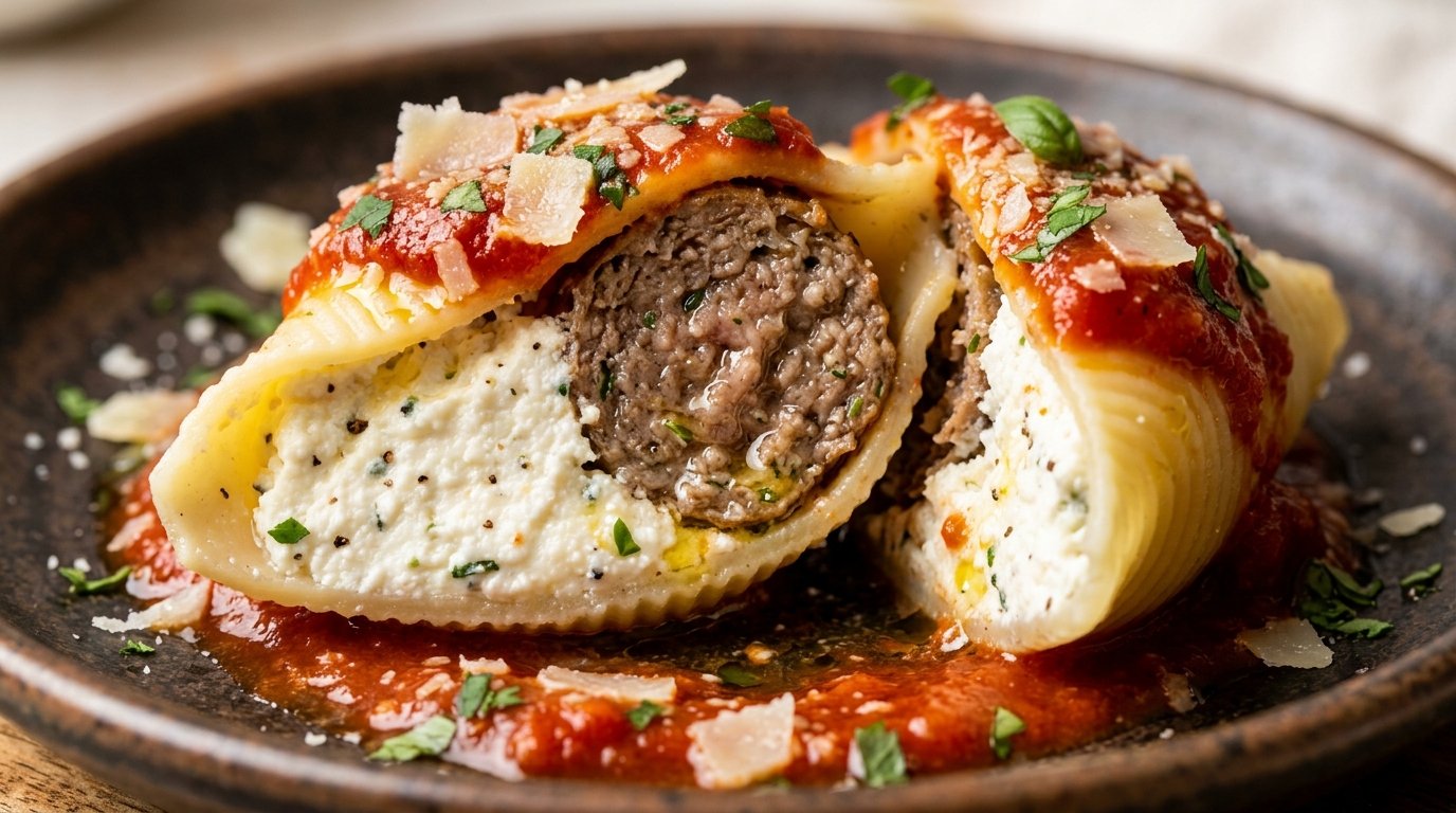 Single pasta shell stuffed with a meatball