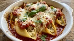 Pasta shells stuffed with meatballs and baked in sauce