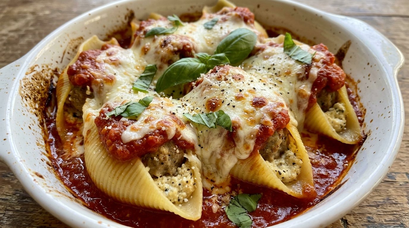 Pasta shells stuffed with meatballs and baked in sauce
