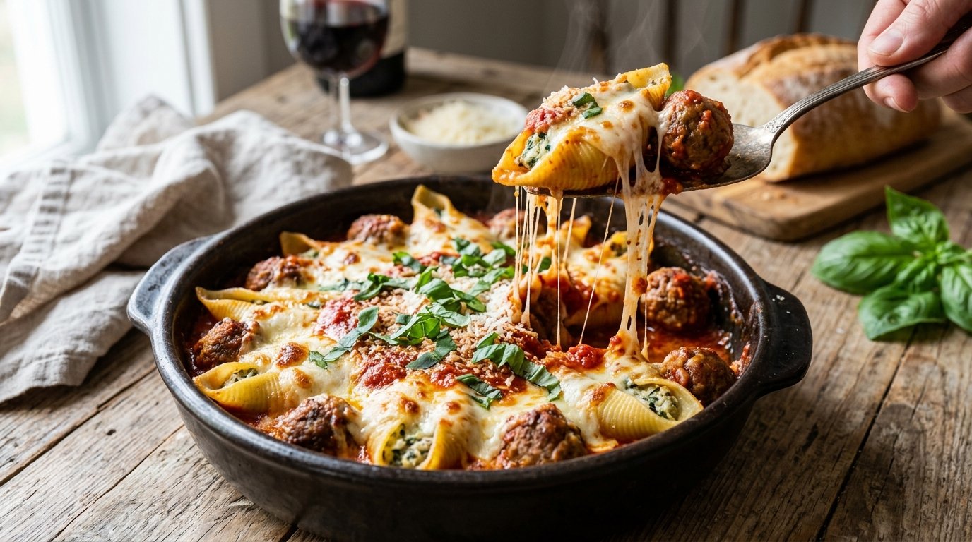 Pasta shells filled with meatballs arranged in a baking dish