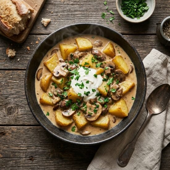 Creamy potato stroganoff served on a wooden table