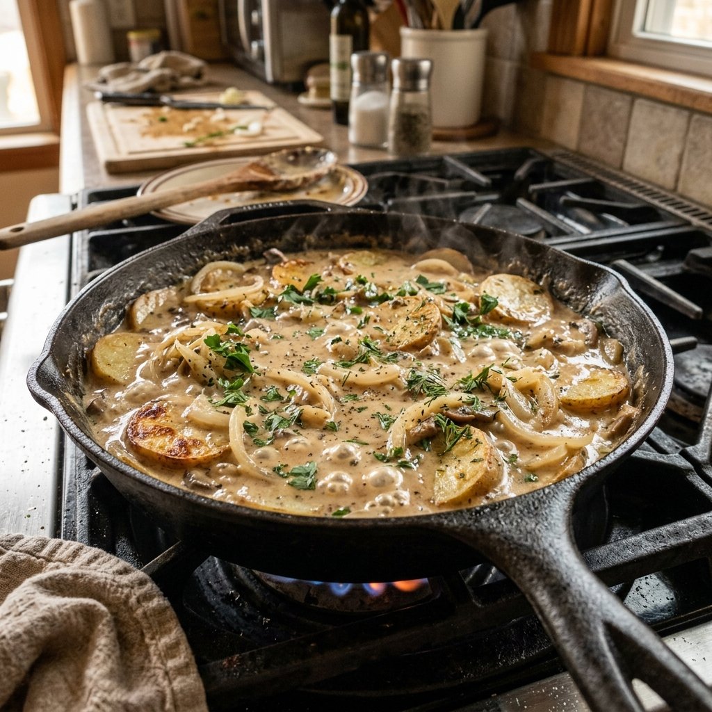 Potato stroganoff simmering in a skillet