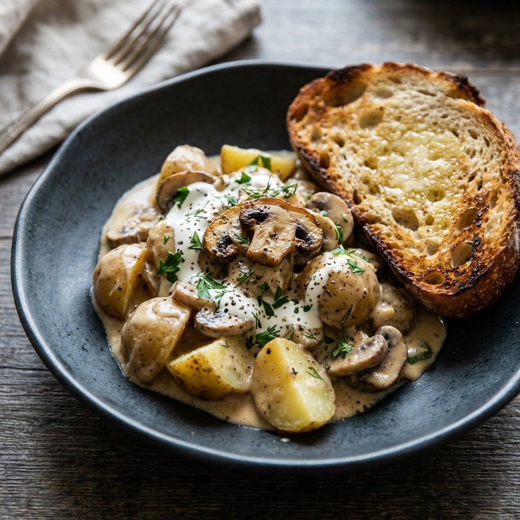Potato stroganoff served with bread