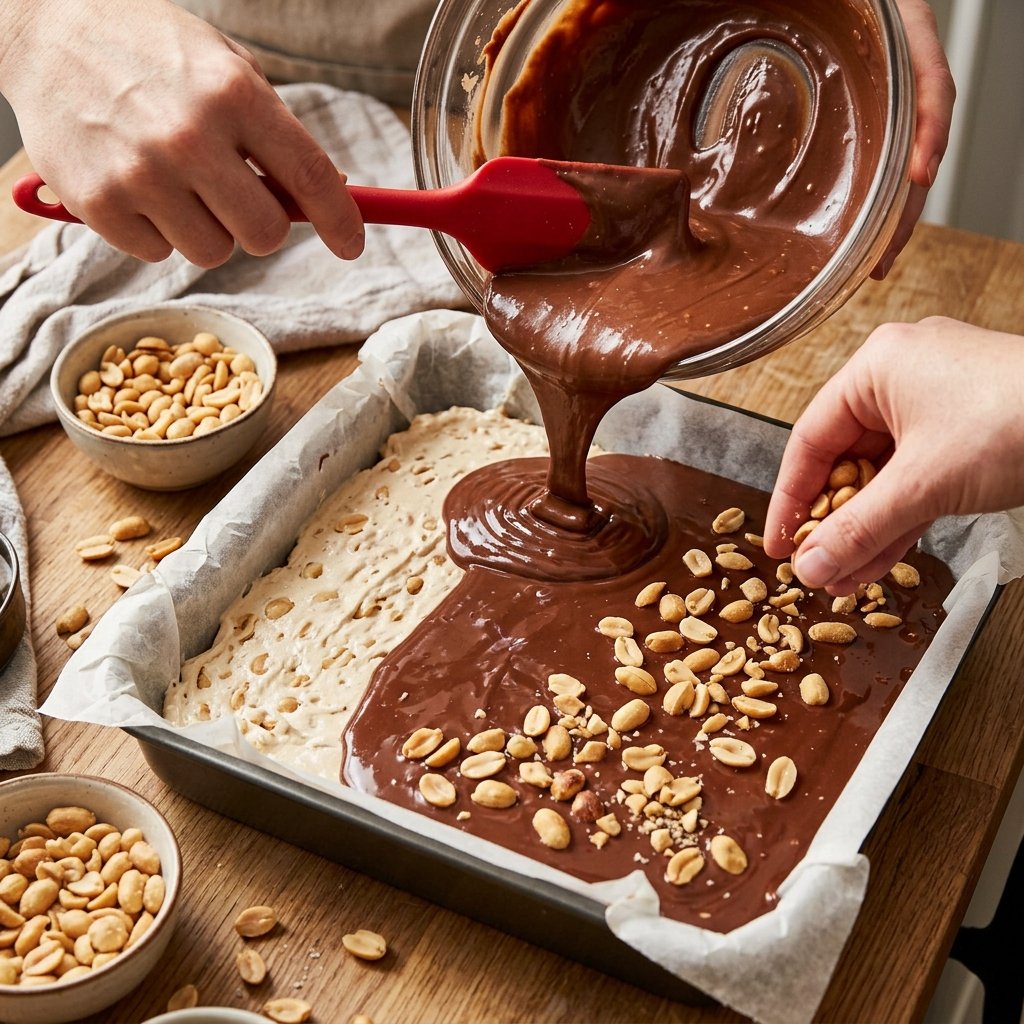 Pouring chocolate over the nougat filling