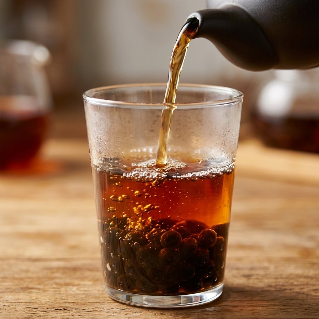 Pouring brewed oolong tea into a glass