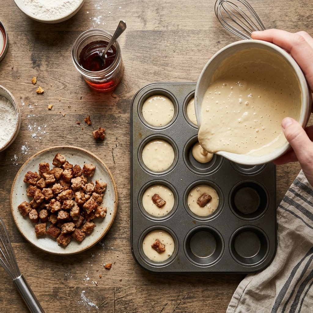 Pouring pancake batter into a mini muffin tin