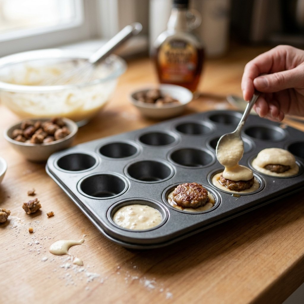 McGriddle bites batter portioned in a mini muffin tin before baking