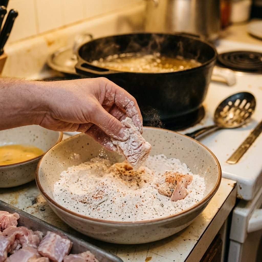 Preparing alligator bites by coating the cubes before frying
