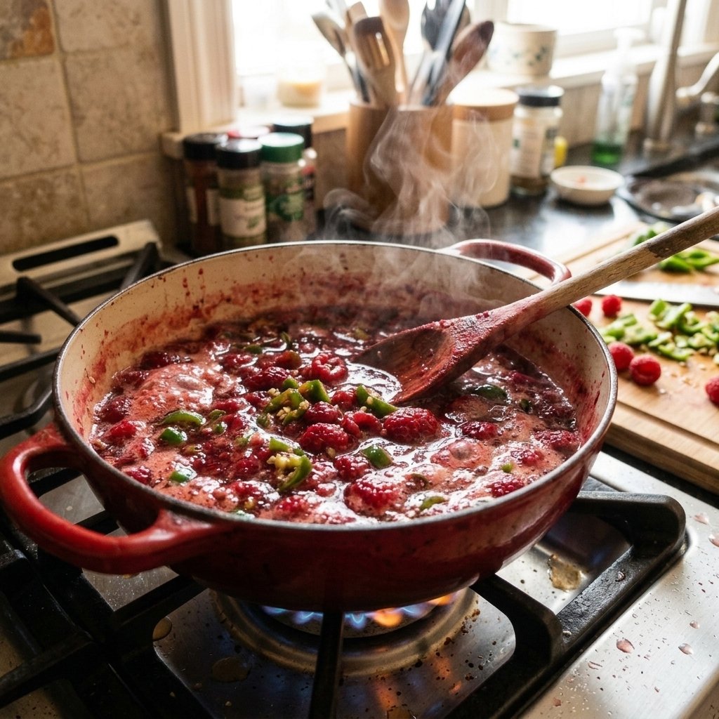 Raspberries and jalapeños simmering in a pot