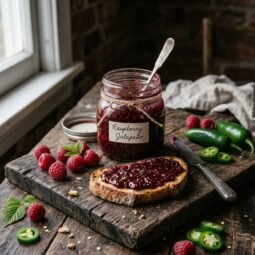 Jar of homemade raspberry jalapeno jam