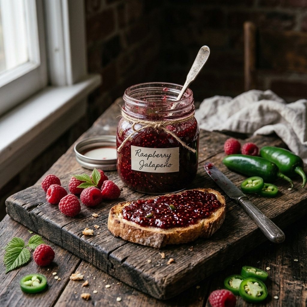 Jar of homemade raspberry jalapeno jam