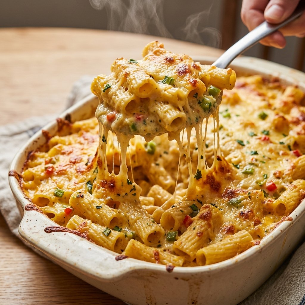 Scooping a serving of macaroni and cheese