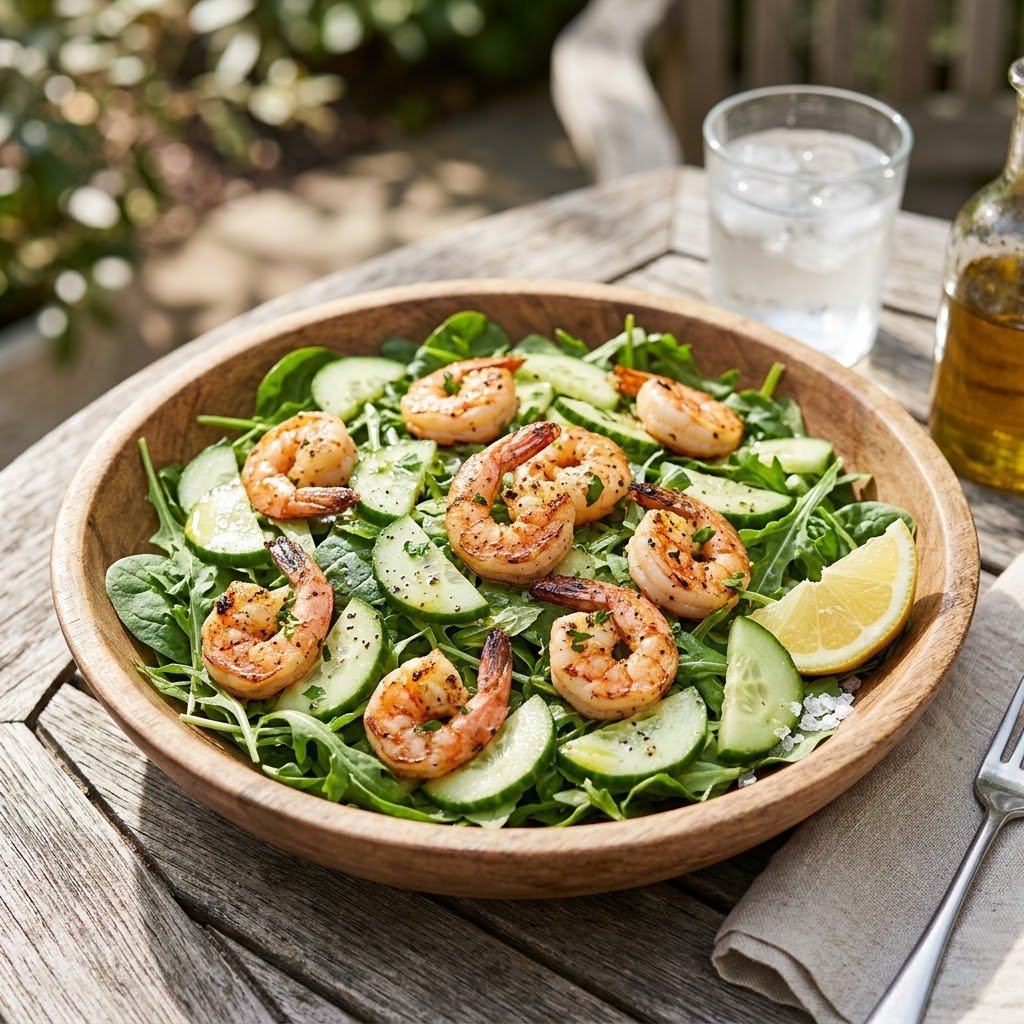 Shrimp salad in a wooden bowl