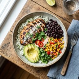 Southwest chicken bowl with sliced grilled chicken, cilantro-lime rice, black beans, corn salsa, and avocado