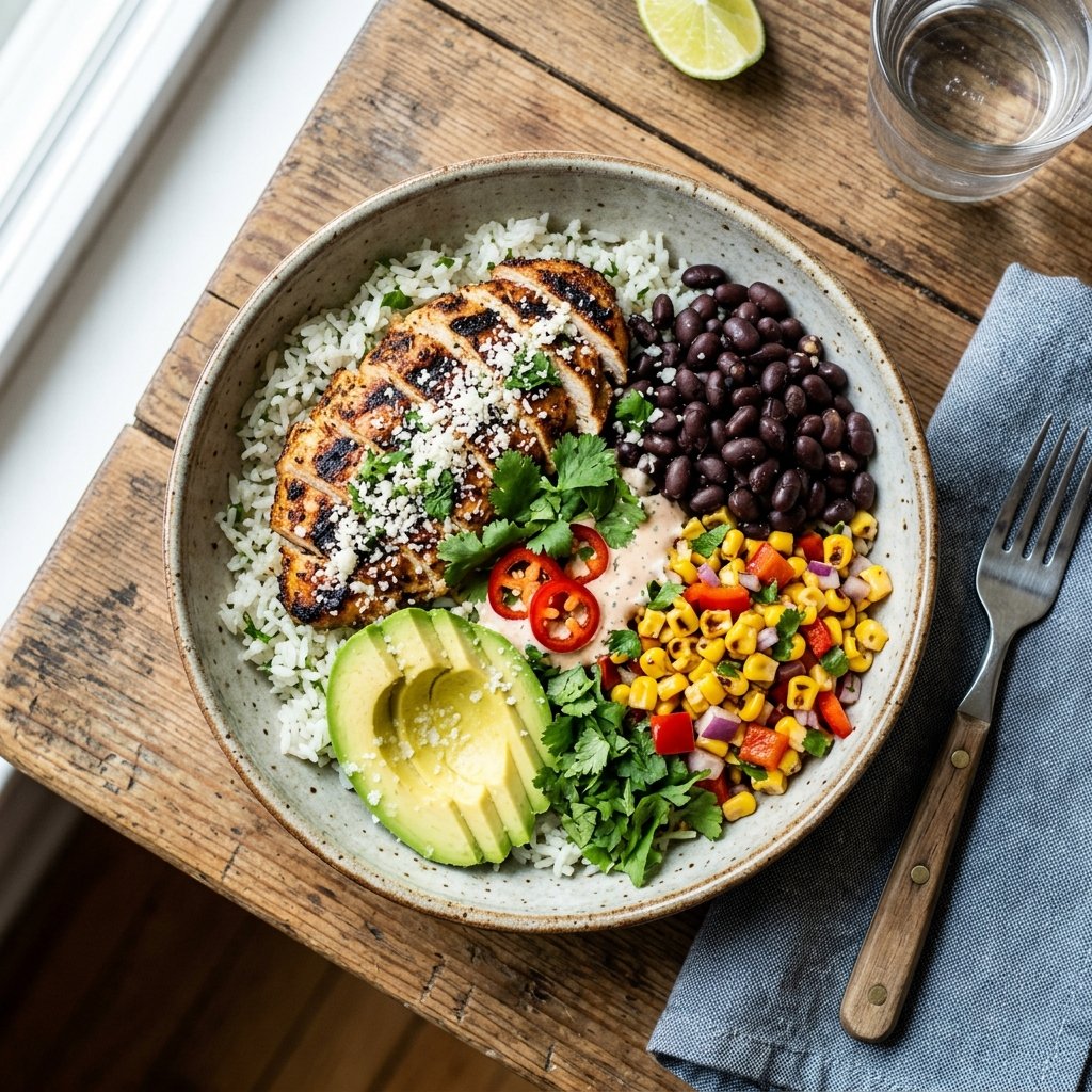 Southwest chicken bowl with sliced grilled chicken, cilantro-lime rice, black beans, corn salsa, and avocado