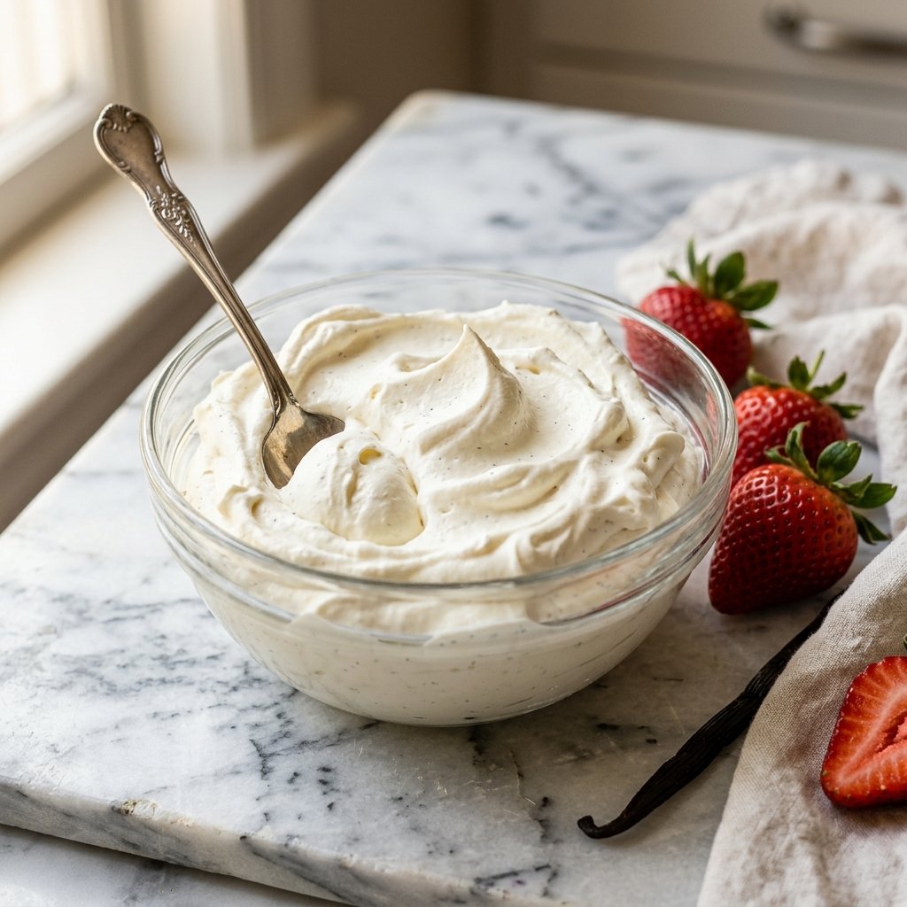 Spoon dipped in thick whipped cream