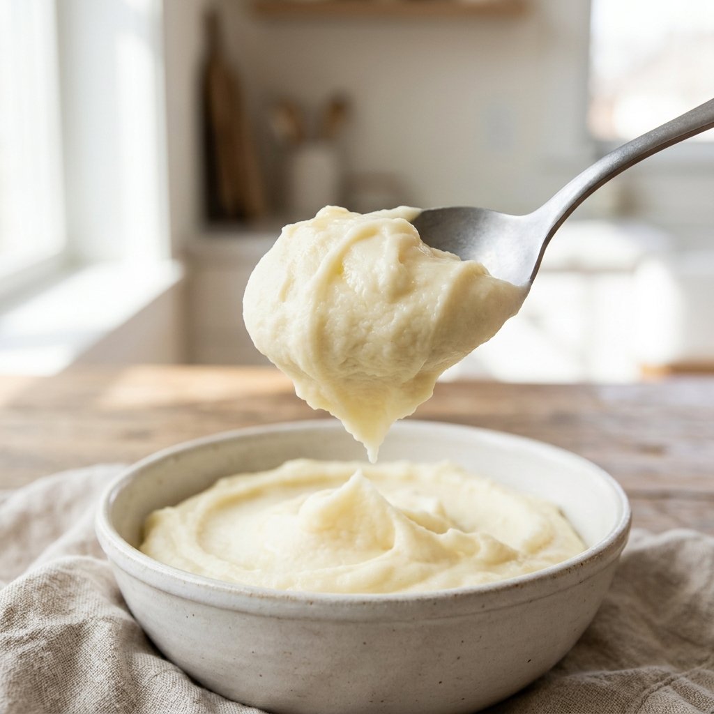 Spoon lifting smooth pommes puree from the pot