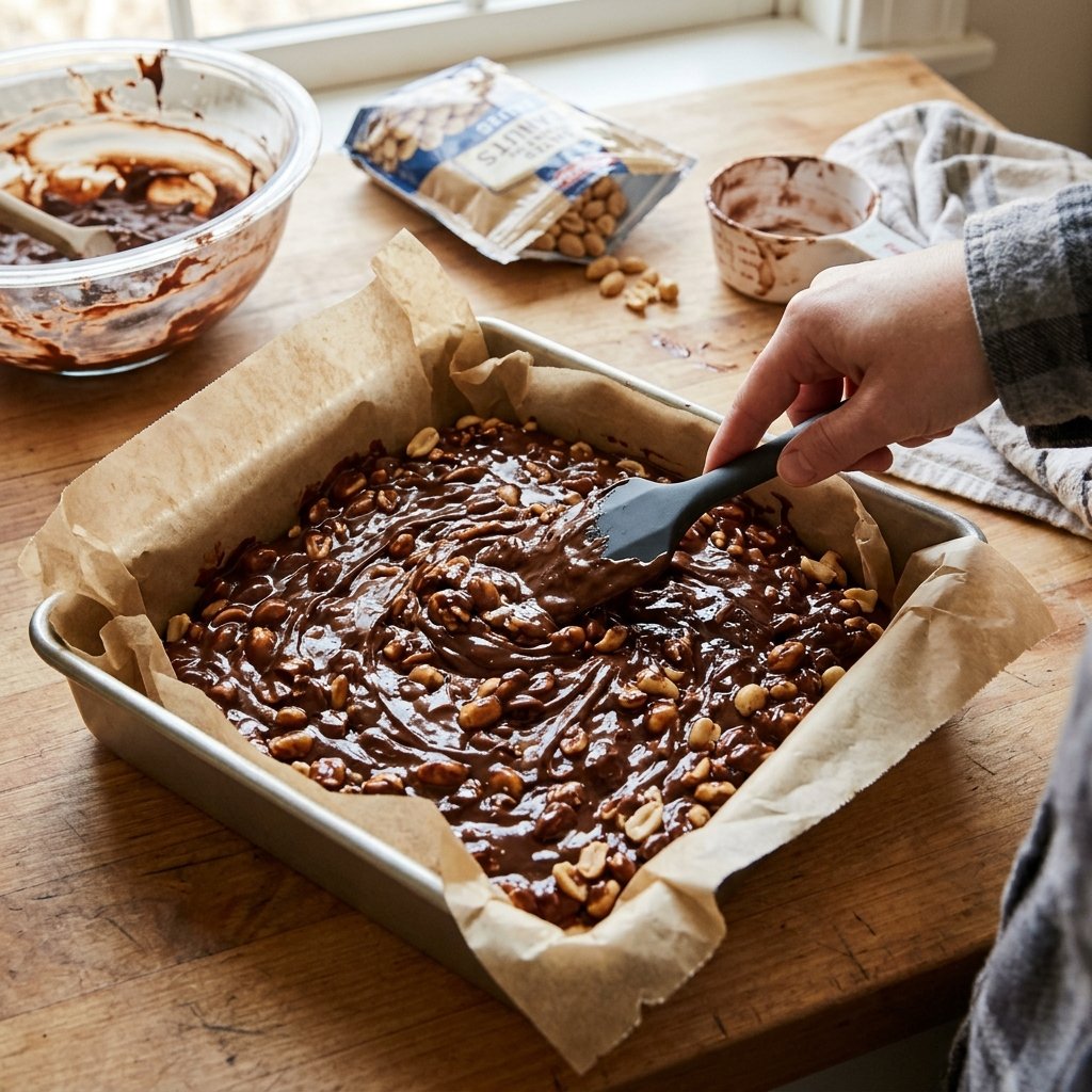 Spreading chocolate and peanut butter topping