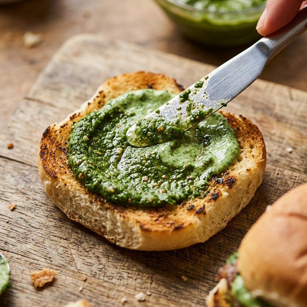 Spreading green chutney on a slider bun