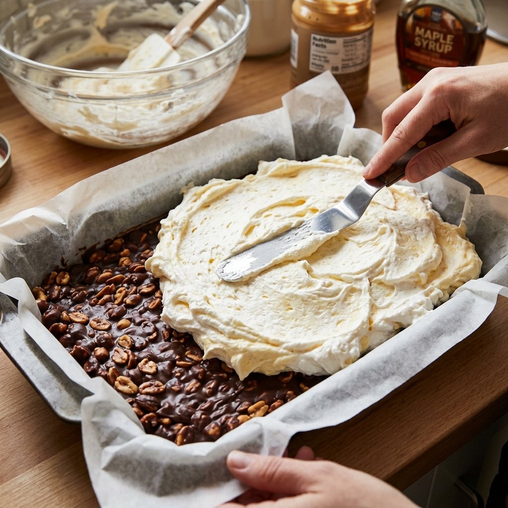 Spreading maple nougat filling in a baking dish