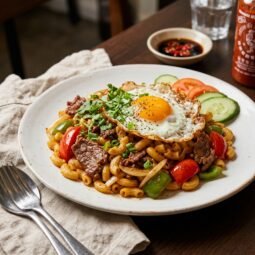 Vietnamese stir-fried beef macaroni on a plate