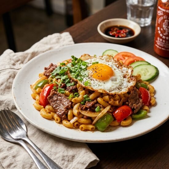 Vietnamese stir-fried beef macaroni on a plate