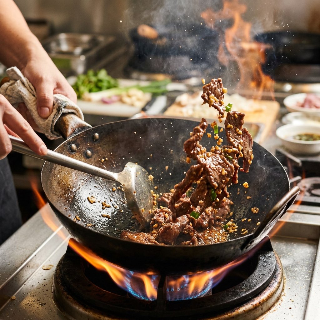 Stir-frying beef in a wok