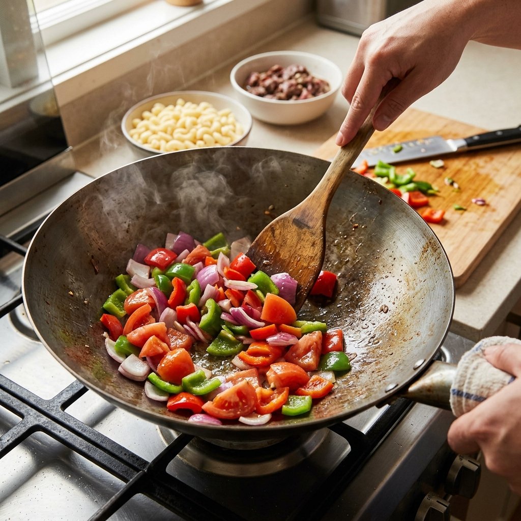 Stir-frying vegetables in a hot pan
