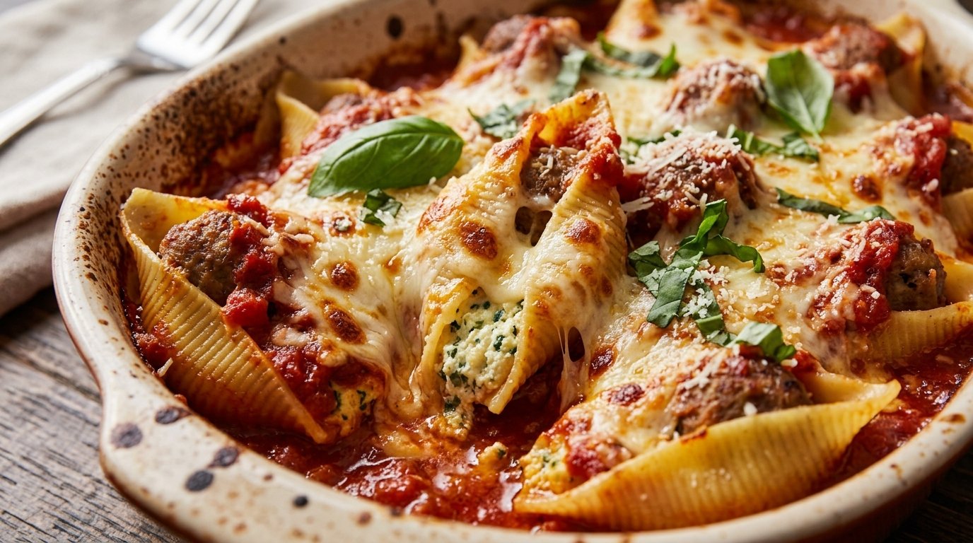 Baked stuffed shells with marinara sauce and melted cheese