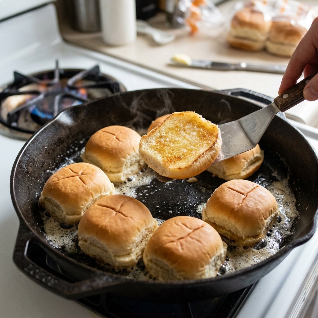 Toasting slider buns in a pan