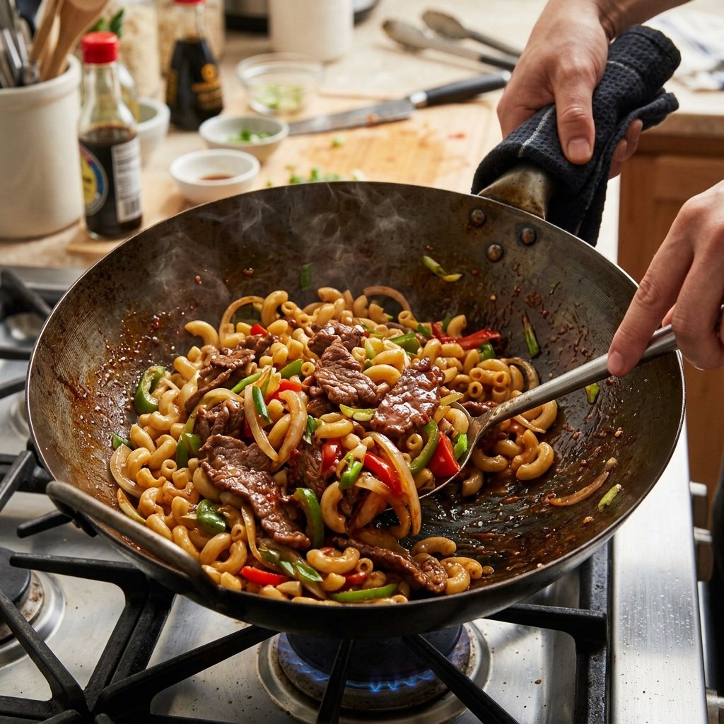 Tossing beef, macaroni, and vegetables in a wok