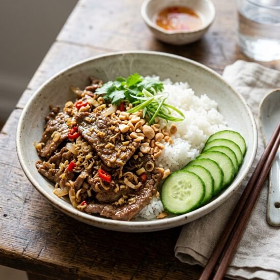 Vietnamese lemongrass beef served on a plate