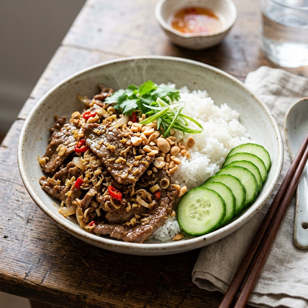 Vietnamese lemongrass beef served on a plate