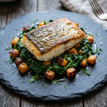 White fish fillet dinner served with cooked vegetables