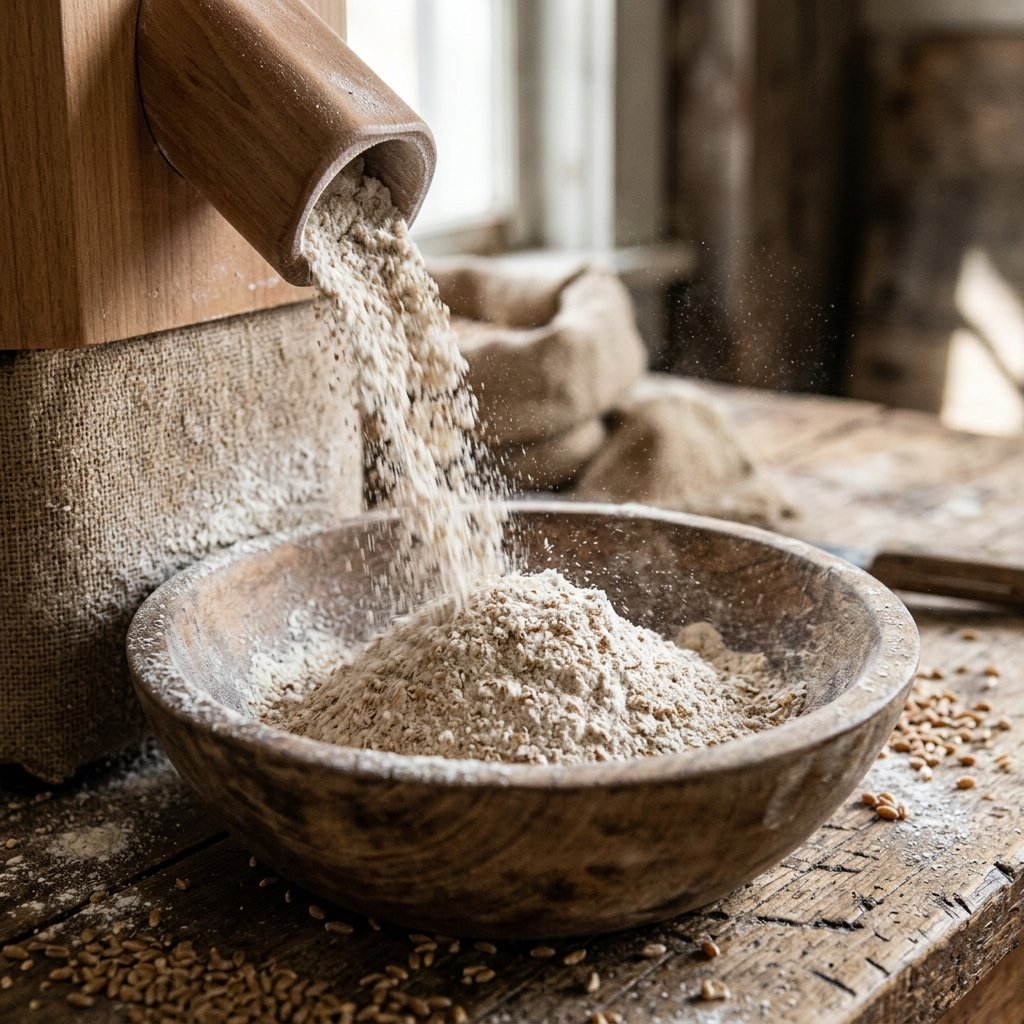 Freshly milled whole grain flour falling from a mill