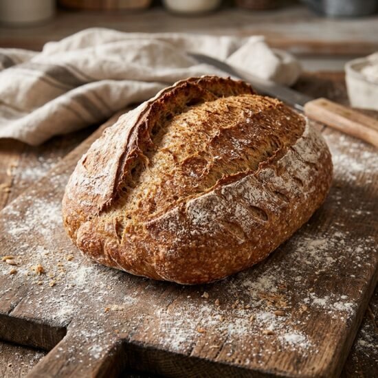 Whole wheat loaf on a wooden board