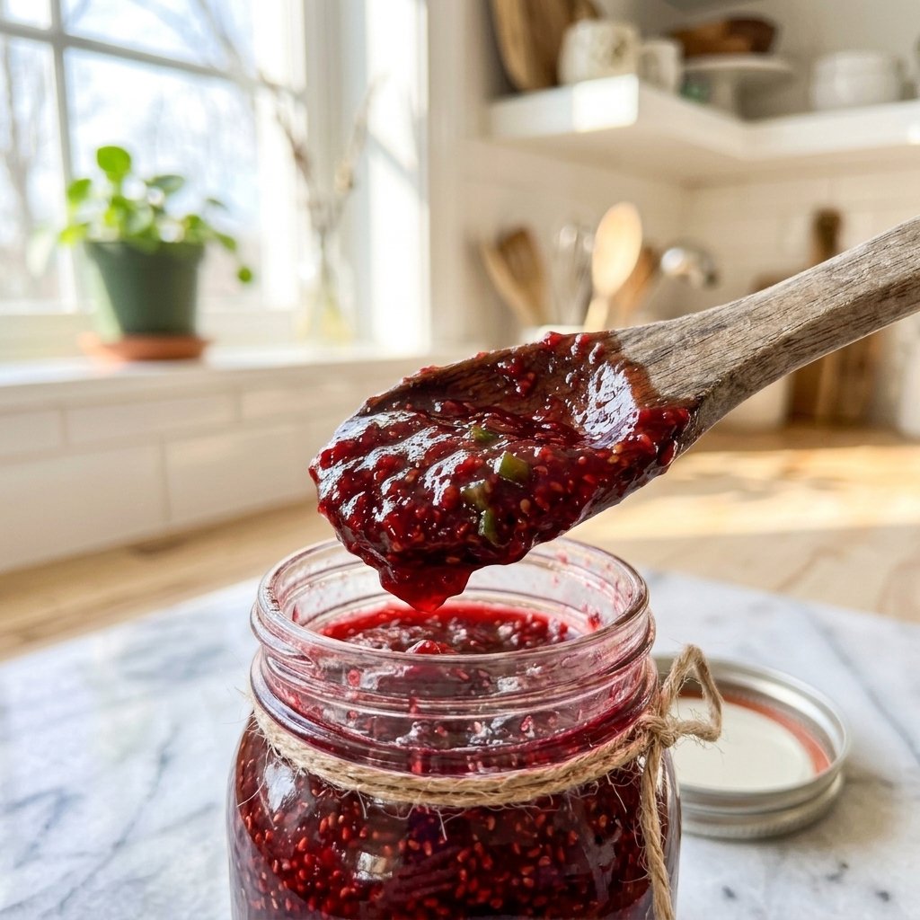 Wooden spoon dipping into thick raspberry jalapeno jam