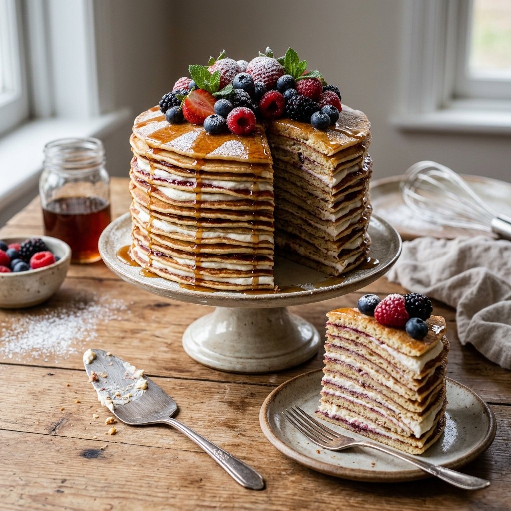 Sliced pancake cake showing layers of pancakes and cream